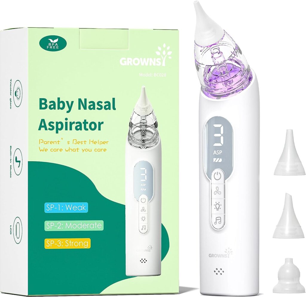 GROWNSY Upgrade Baby Nose Sucker, Rechargeable Nasal Aspirator for Baby, Electric Nose Suction for Baby with Advanced Soothing Music and Light Design, Food-Grade Silicone Tips, 3 Suction Modes