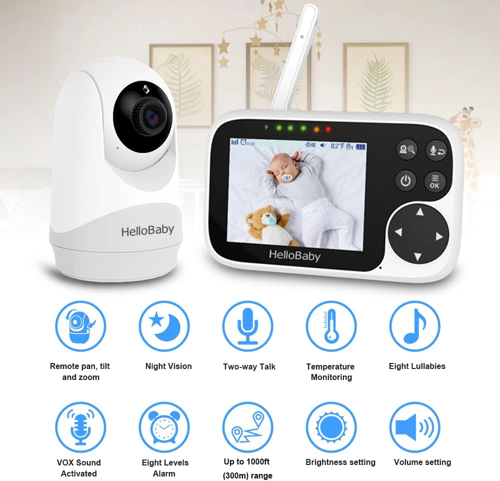 HelloBaby Baby Monitor with 20Hours Battery Life, 3.2 Video LCD Display, 1000ft Baby Camera no WiFi for Privacy, VOX, 355° Pan-Tilt-Zoom, IR Night Vision, 2-Way Talk, Temperature Sensor
