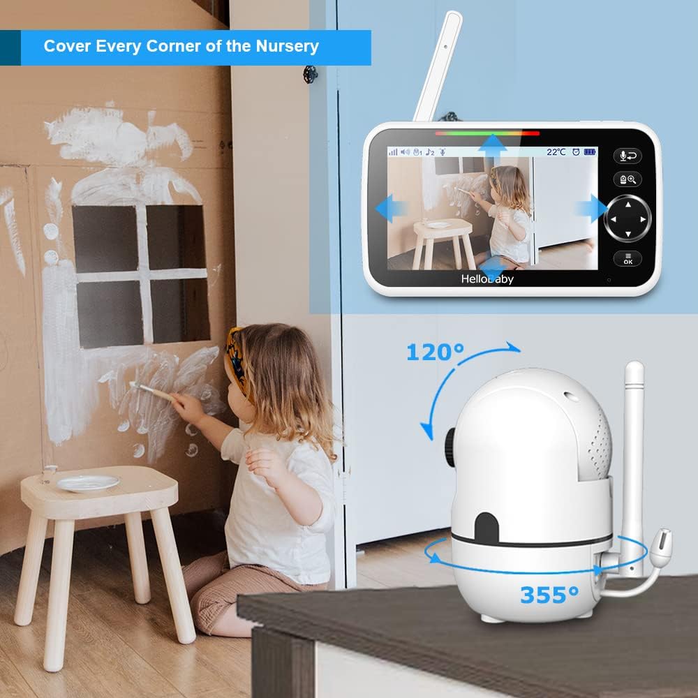 HelloBaby Monitor, 5Display with 30-Hour Battery, Pan-Tilt-Zoom Video Baby Monitor with Camera and Audio, Night Vision, 2-Way Talk, Temperature, 8 Lullabies and 1000ft Range No WiFi, Ideal for Gifts