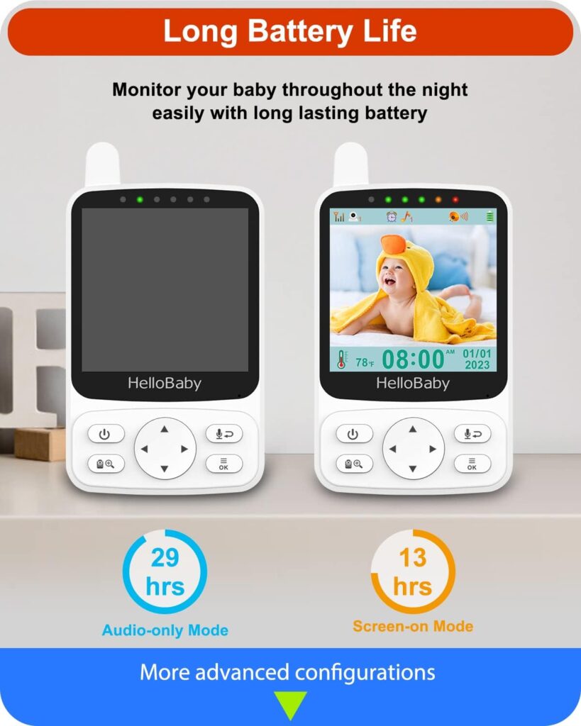 HelloBaby Monitor with 29Hour Battery Life and 4 IPS Screen, No WiFi, Video Baby Monitor with Camera and Audio 1000ft Long Rang Auto Night Vision 2 Way Audio Temperature VOX Mode for Baby Pet Eldly