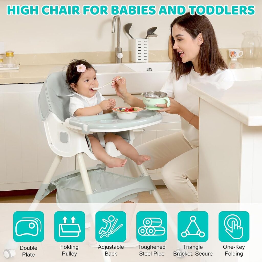 High Chair, MJKSARE Baby High Chair, High Chairs for Babies and Toddlers,Dining Tray  Backrest  Height Adjustable, Five-Point Safety Belt, Non-Slip Foot Pad, Foldable High Chair to Save Space