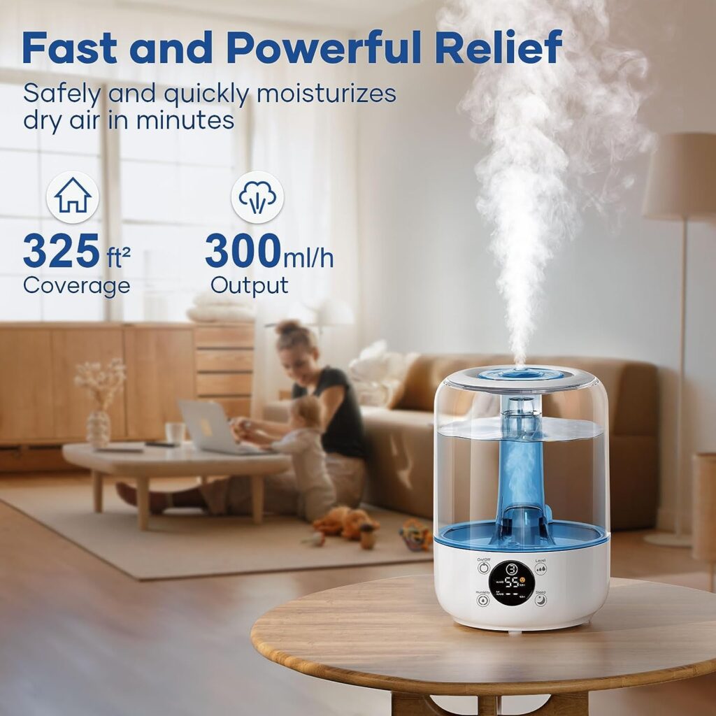 Hilife Humidifiers for Bedroom, 3L Ultrasonic Cool Mist Humidifiers for Home Baby Nursery  Plants, Quiet Top Fill Air Humidifier Lasts Up to 30 Hours, Auto Shut-Off, Filterless