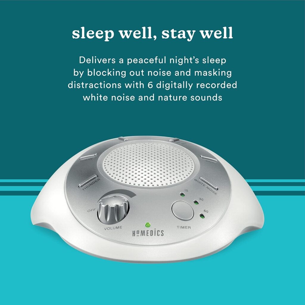 Homedics SoundSleep White Noise Sound Machine, Silver, Small Travel Sound Machine with 6 Relaxing Nature Sounds, Portable Sound Therapy for Home, Office, Nursery, Auto-Off Timer, By Homedics