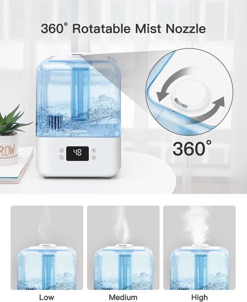 Humidifiers for Bedroom, MORENTO 4.5L Top Fill Humidifiers for Large Room, Cool Mist Humidifiers for Home, 360° Nozzle, Auto Shut-Off, Humidity Setting, Last up to 50Hrs with Night Light, White