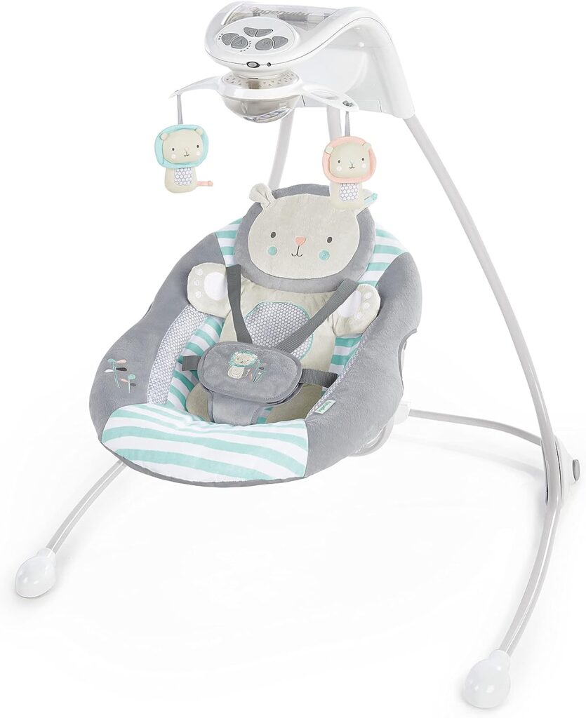 Ingenuity InLighten 6-Speed Foldable Baby Swing with Light Up Mobile, Swivel Infant Seat and Nature Sounds, 0-9 Months 6-20 lbs (Blue Landry the Lion)