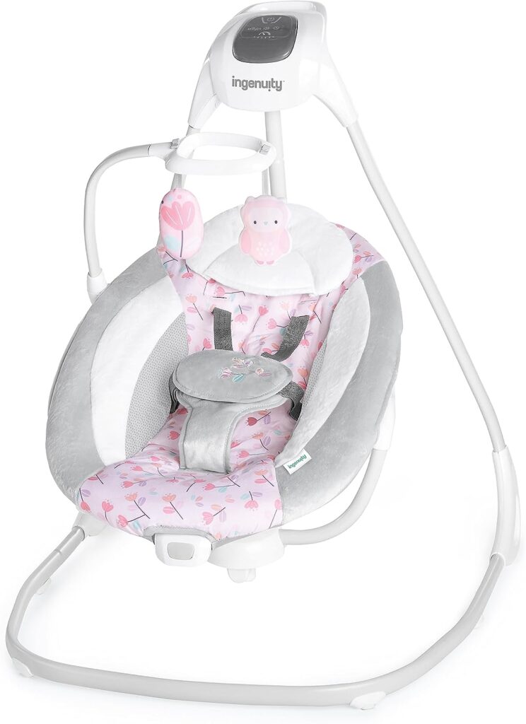 Ingenuity SimpleComfort Lightweight Compact 6-Speed Multi-Direction Baby Swing, Vibrations  Nature Sounds, 0-9 Months 6-20 lbs (Pink Cassidy)