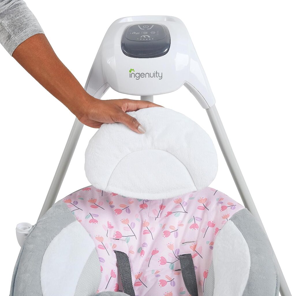 Ingenuity SimpleComfort Lightweight Compact 6-Speed Multi-Direction Baby Swing, Vibrations  Nature Sounds, 0-9 Months 6-20 lbs (Pink Cassidy)
