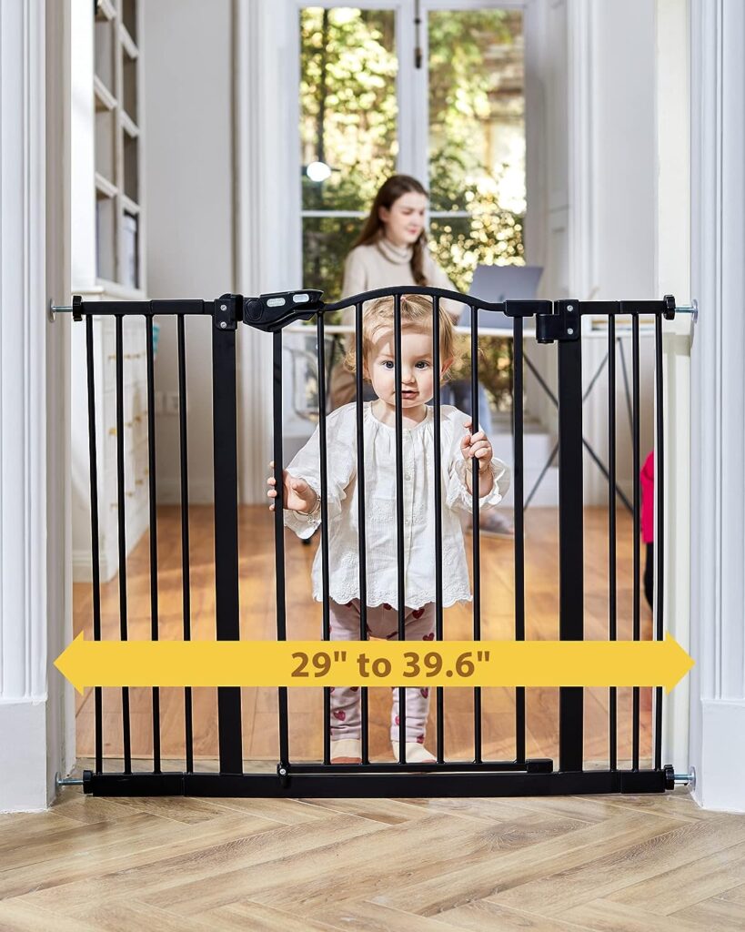 InnoTruth 29-39.6” Baby Gate for Stairs  Doorways, 30 Tall Pressure Mount Pet Gates, Easy Step Auto Close Both Sides Walk Thru Child Gate, Dual-Lock Safety Design and One-Hand Operation, Black