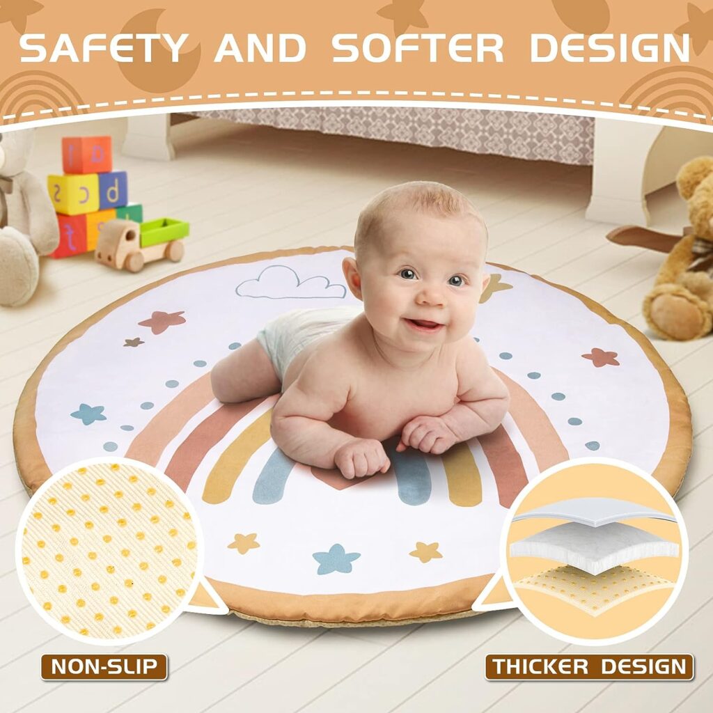 IPOZITO Baby Gym and Infant Play Mat, Stage-Based Sensory and Motor Skill Development Language Discovery Activity Play Gym, Thicker Non-Slip Design Tummy Time Activity Mat with 5 Toys Washable