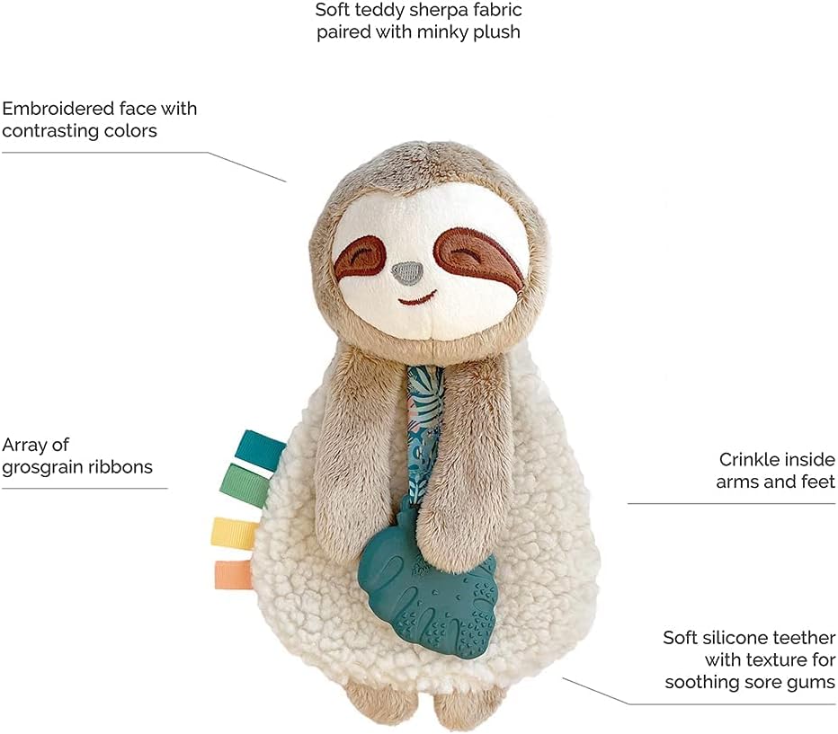 Itzy Ritzy - Itzy Lovey Including Teether, Textured Ribbons  Dangle Arms; Features Crinkle Sound, Sherpa Fabric and Minky Plush; Sloth