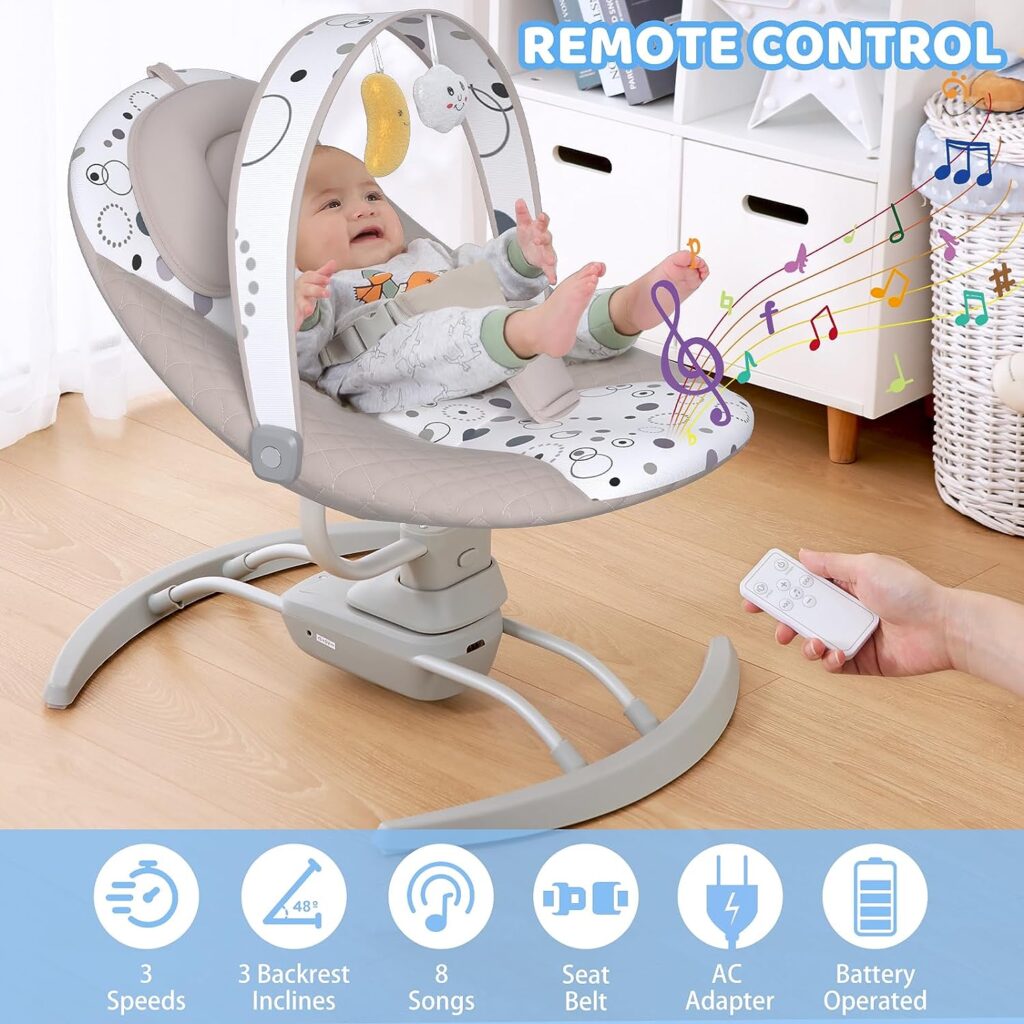 kmaier Electric Baby Swing for Infants, Baby Rocker for Infants with 3 Speeds, 8 Lullabies, AC Adapter  Battery Operated, Indoor  Outdoor Use, Remote Control