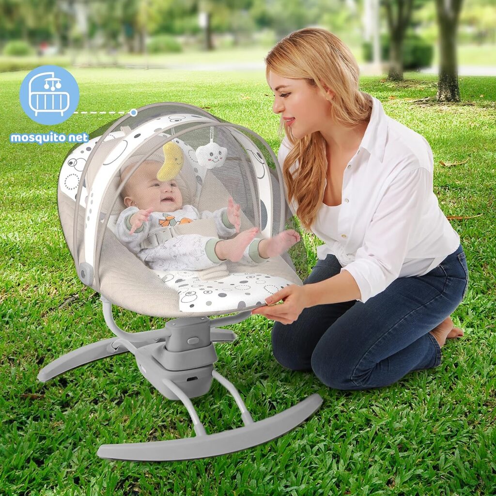 kmaier Electric Baby Swing for Infants, Baby Rocker for Infants with 3 Speeds, 8 Lullabies, AC Adapter  Battery Operated, Indoor  Outdoor Use, Remote Control