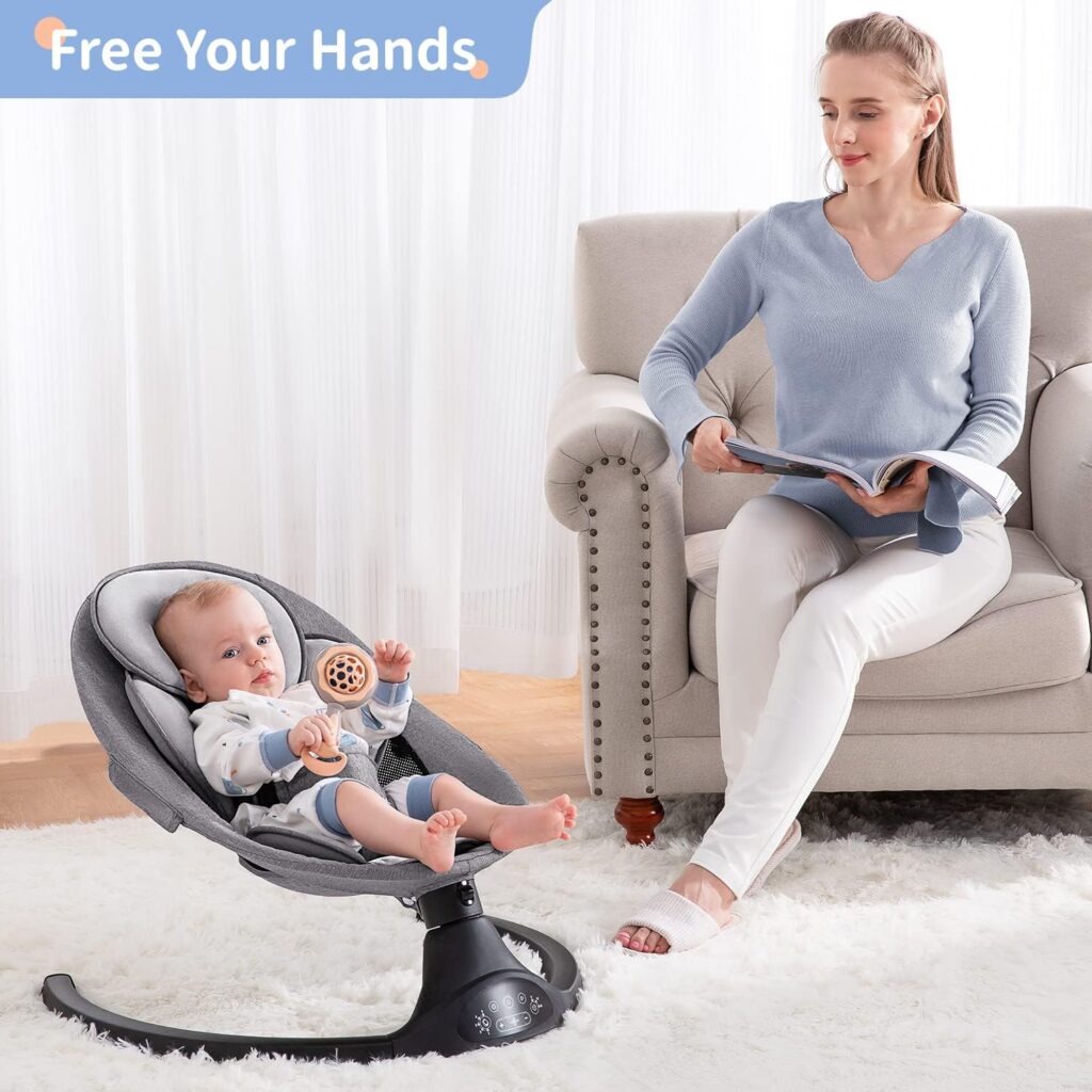 Larex Baby Swing for Infants | Electric Bouncer for Babies,Portable Swing for Baby Boy Girl,Remote Control Indoor Baby Rocker with 5 Sway Speeds,3 Seat Positions,10 Music and Bluetooth,Aluminum