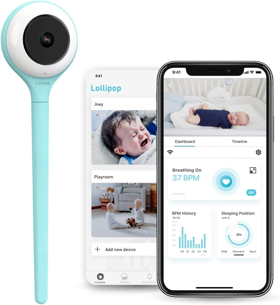 Lollipop Baby Monitor (Turquoise) - with Contactless Breathing Monitoring (No Extra Sensor Required, Subscription Service), Sleep Tracking and True Crying Detection, Smart AI WiFi Baby Camera