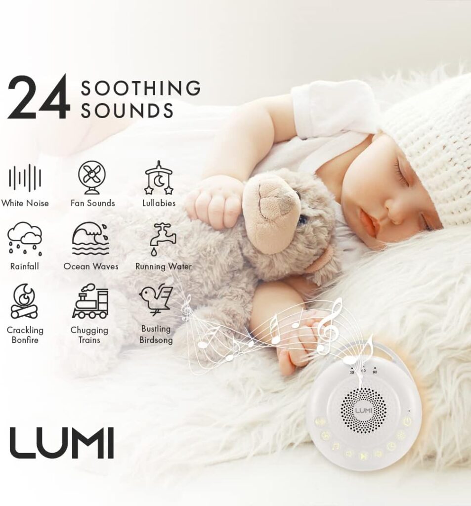 LUMI | Portable White Noise Machine | Baby Sleep Aid with 26 Sounds | White Noise Baby | 3 Lighting Modes | Memory Function | 30, 60, 90 Minute Timer | Sleep Aid for Adults, Children  Babies…