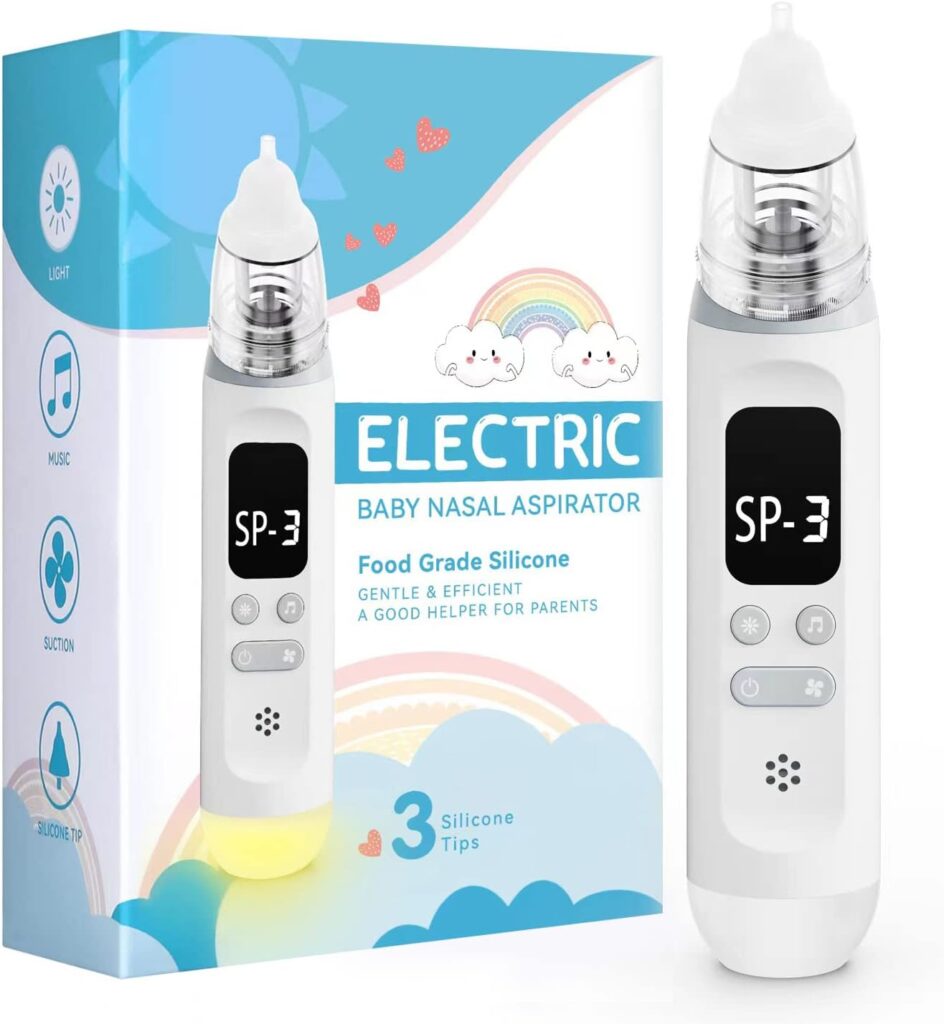Nasal Aspirator for Baby, Electric Baby Nose Sucker with Adjustable 3 Levels Suction, Rechargeable Booger Sucker for Babies with 8 Light Modes and 3 Nursery Rhymes
