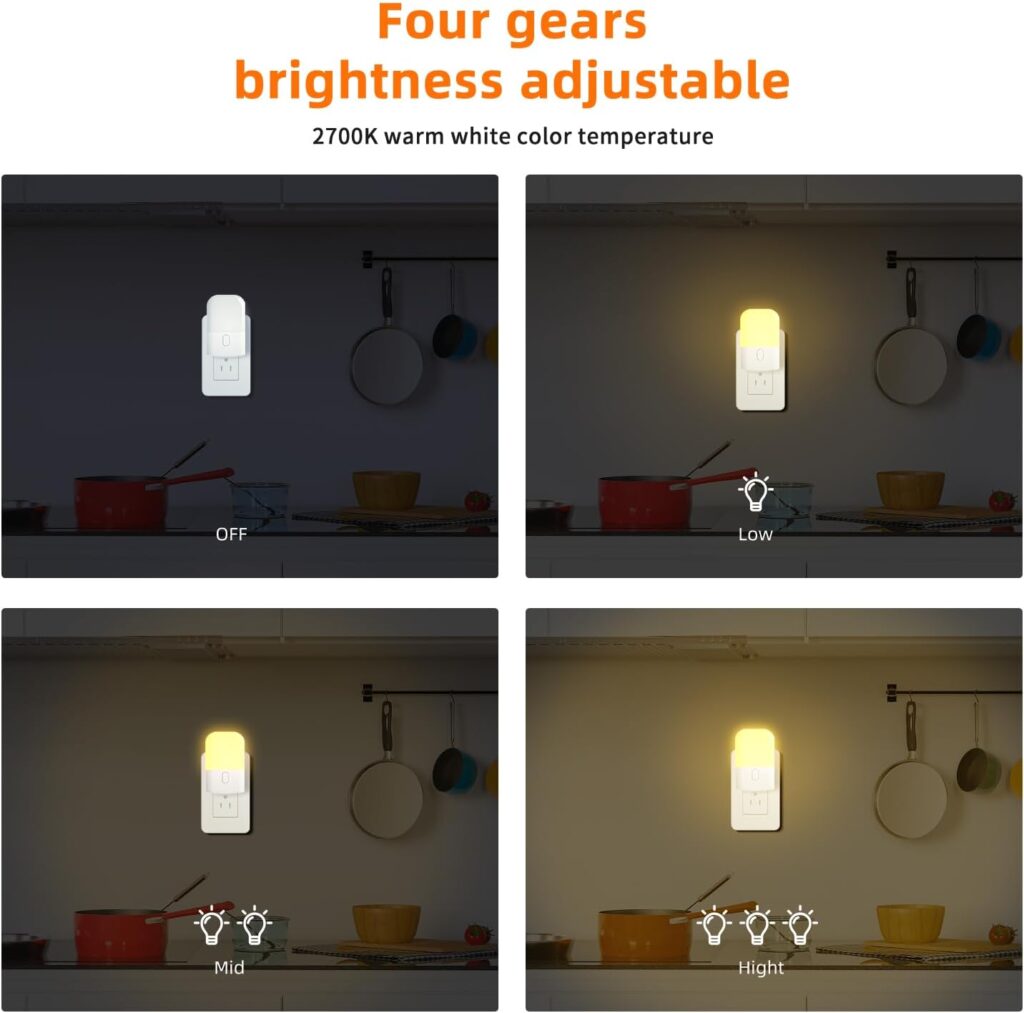 NB NICEBRAVO Night Light LED Auto Dusk to Dawn Sensor Light for Kitchen, Bedroom, Kids Room, Hallway, Stairway, Painting Plug in Dimmable Nightlights Lamp Bright with Switch，4 Pack