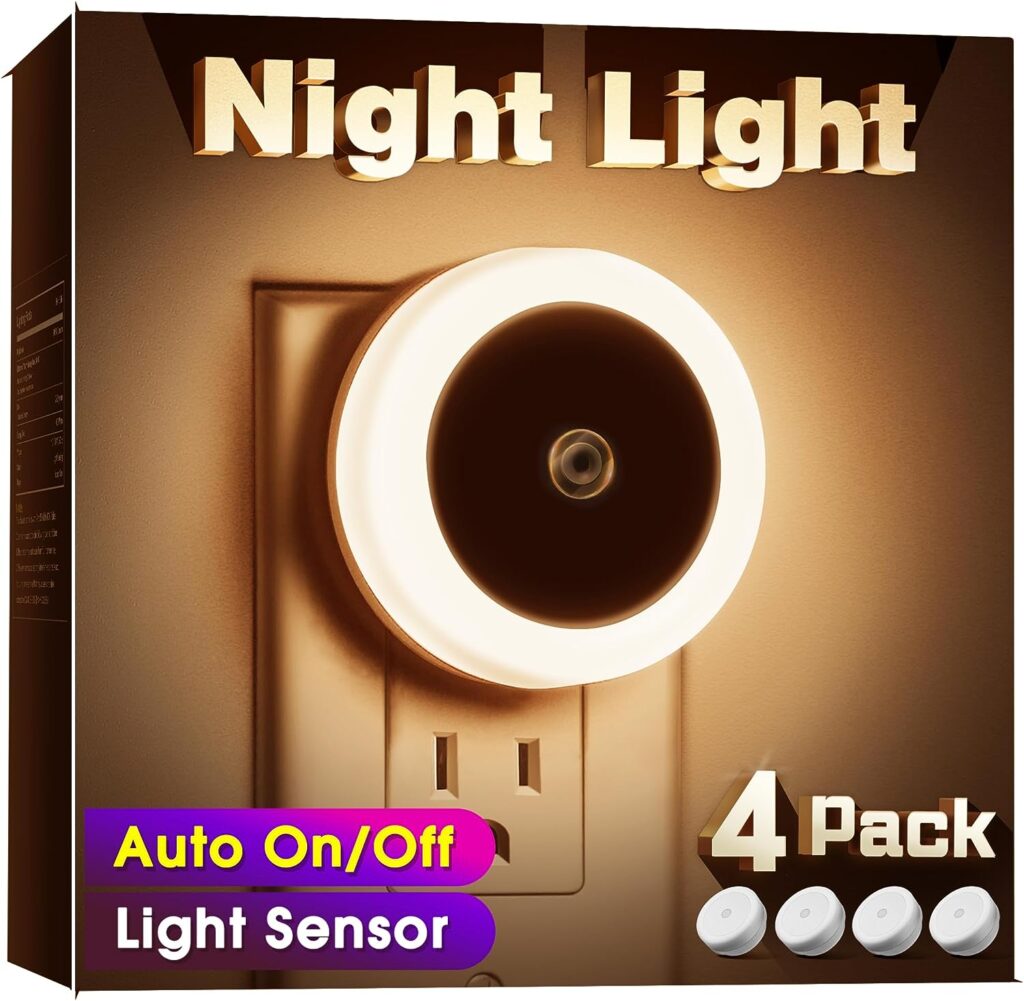 Night Light, Plug into Wall [4Pack] with Light Sensors, LED Light for Kids Room, Baby, Bathroom, Stair, Hallway, Warm White
