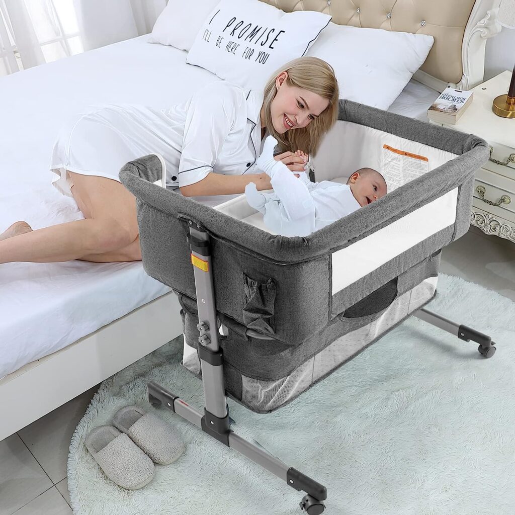nordmiex Bedside Sleeper Bedside Crib, Baby Bassinet 3 in 1 Travel Baby Crib Baby Bed with Breathable Net,Adjustable Portable Bed for Infant/Baby(Deep Grey)