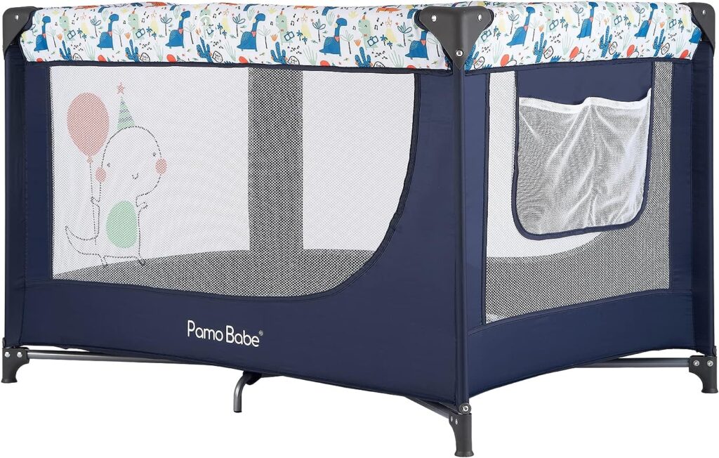 Pamo Babe Portable Crib with Mattress，Foldable Baby Playpen with Carry Bag (Blue)