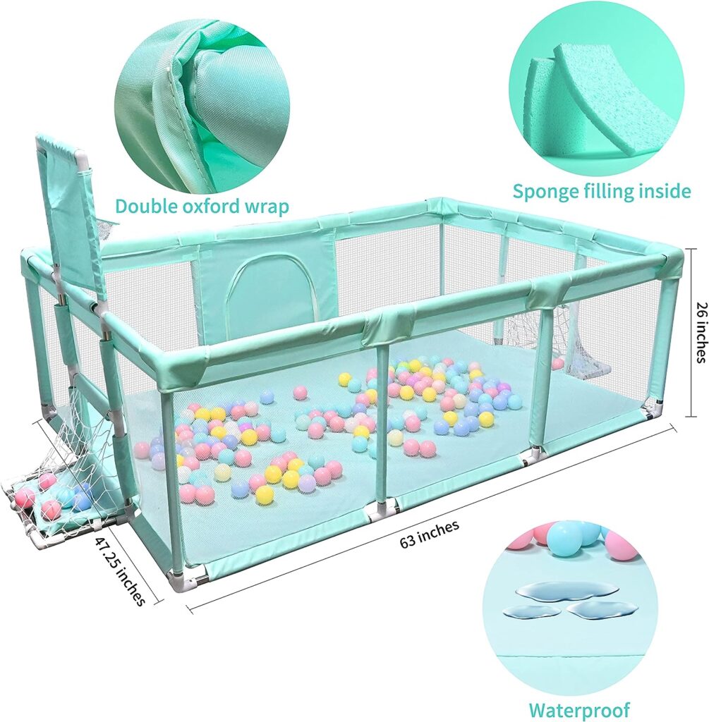 Playpen for Babies and Toddlers, GOLDGE Extra Large Playpen 63x47x26 inch with 50pcs Balls and 5 pcs Pull Up Rings, Baby Play Pen, Infant Play Yard, Playard, Kids Play Area