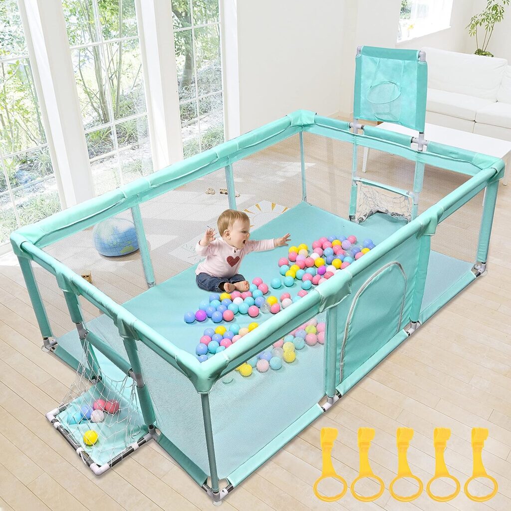 Playpen for Babies and Toddlers, GOLDGE Extra Large Playpen 63x47x26 inch with 50pcs Balls and 5 pcs Pull Up Rings, Baby Play Pen, Infant Play Yard, Playard, Kids Play Area