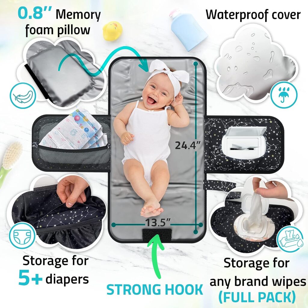 Portable Baby Diaper Changing Pad - w/Soft Built-in Pillow  Strap for Strollers - Comfortable, Lightweight  Waterproof - Made with Premium Materials - Great for Newborn Girls  Boys  for Travel