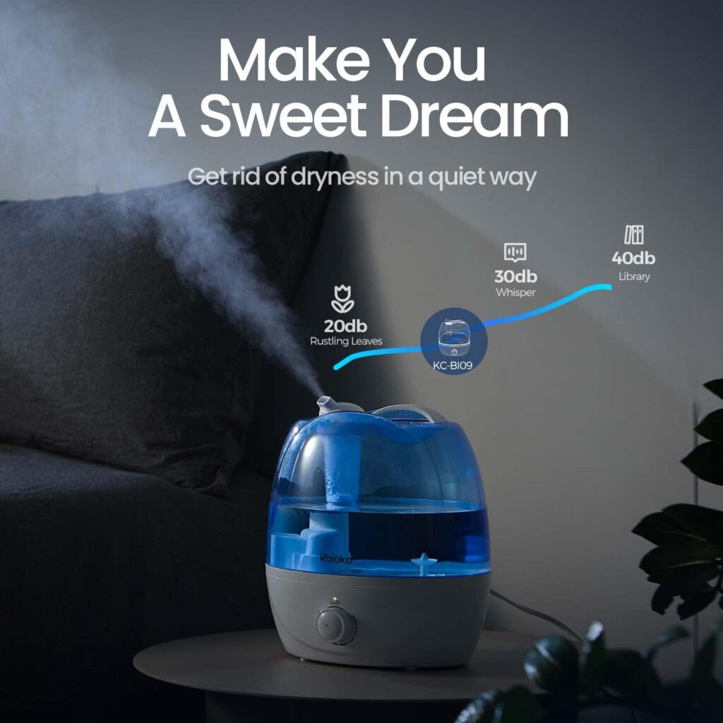 Rbioko® 2.6L Cool Mist Humidifiers for Bedroom Whisper Quiet, Ultrasonic Vaporizer for Baby  Nursery, Indoor Plants  Whole House -Adjustable 360 Rotation Nozzle, Easy to Clean, Auto-Shut Off