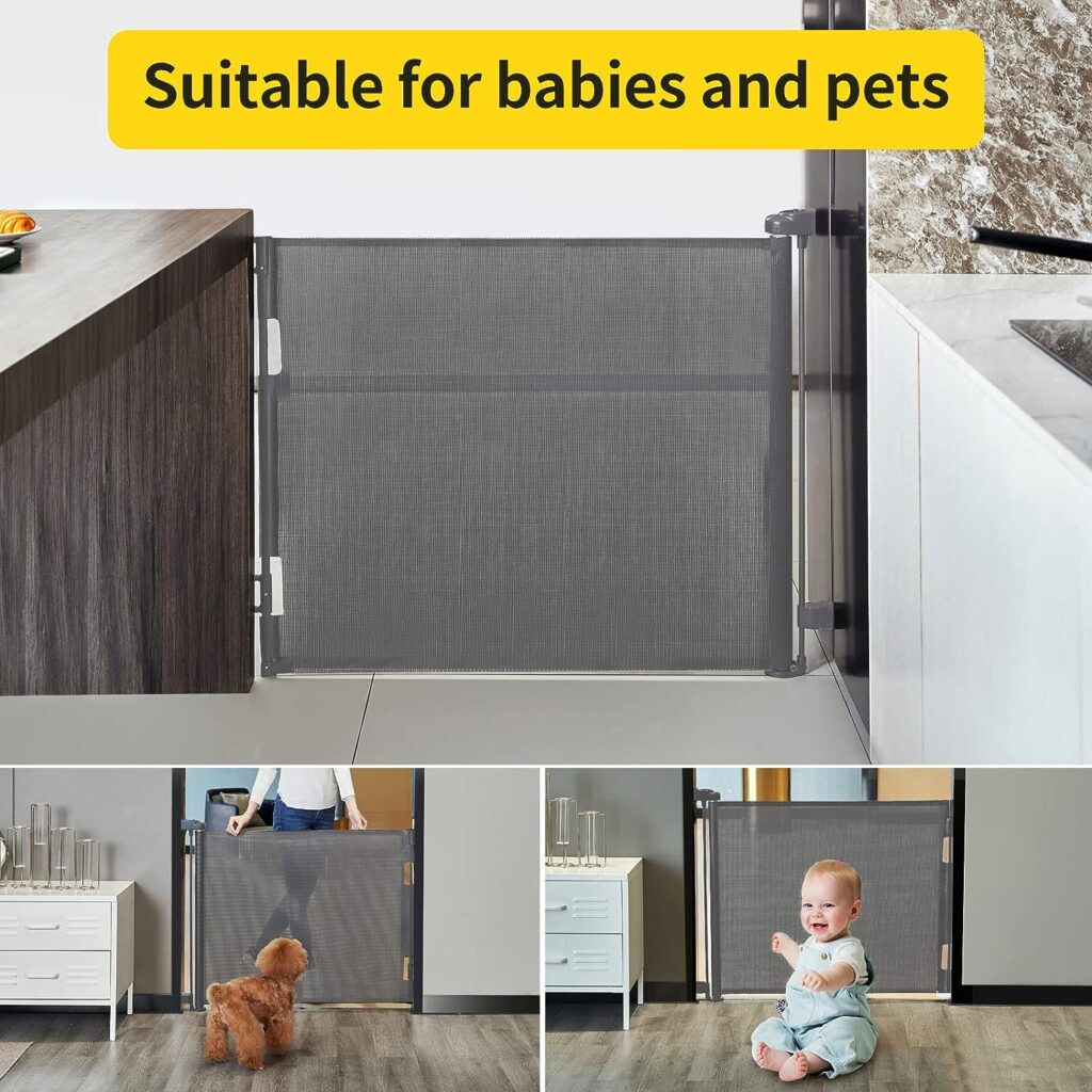 Retractable Baby Gate,Mesh Baby Gate or Mesh Dog Gate,33 Tall,Extends up to 55 Wide,Child Safety Gate for Doorways, Stairs, Hallways, Indoor/Outdoor（Grey,33x55