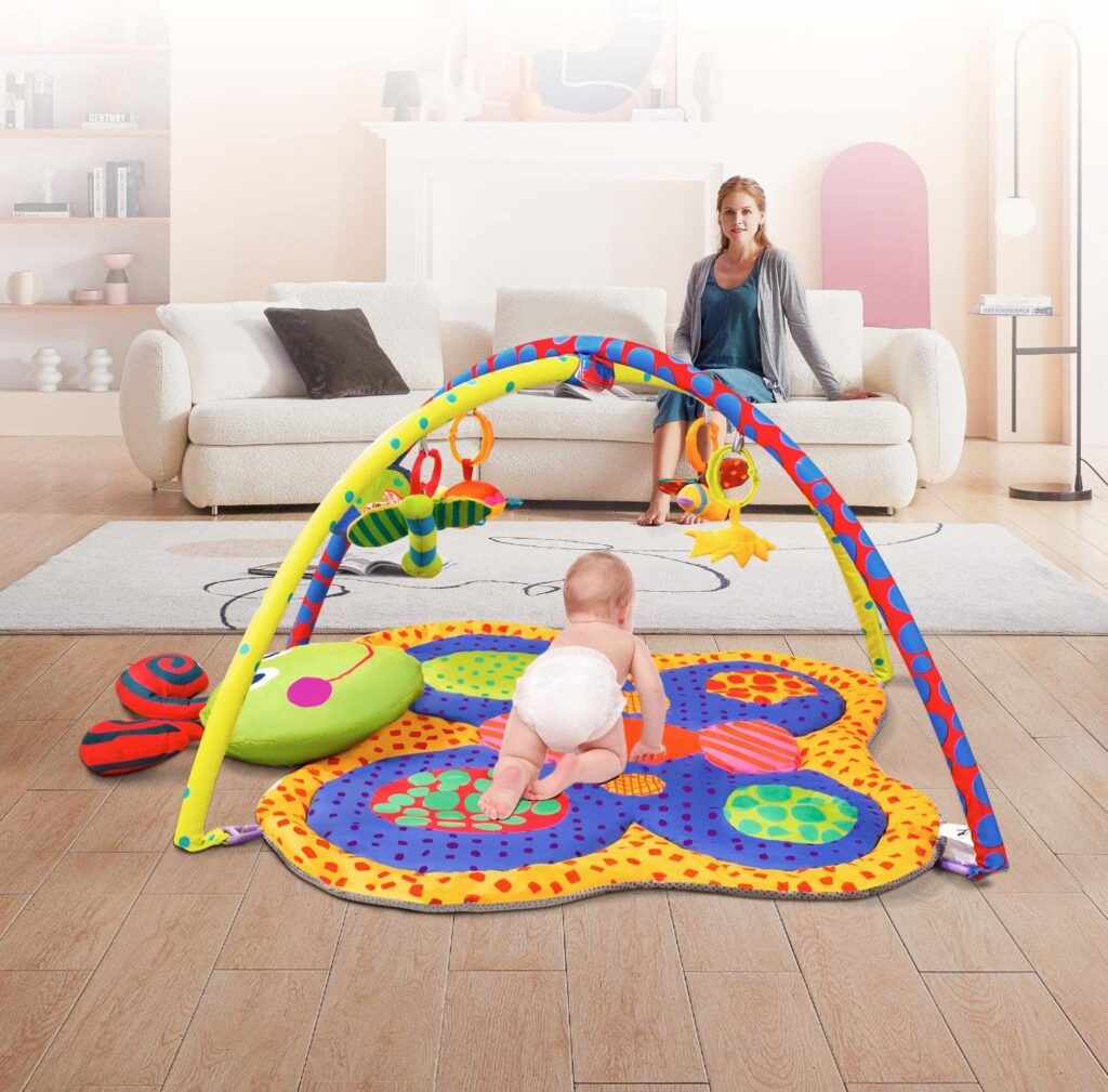 Rivpabo Baby Play Mat for Floor, Baby Play Gym Toys for Sensory and Motor Skill Development, Baby Gym Activity Mat with Butterfly Tummy Time Mat for Newborn InfantGift