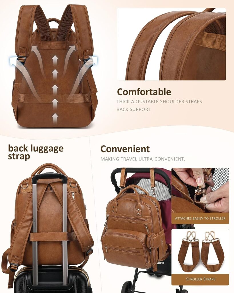 ROSEGIN Vegan Leather Diaper Bag Backpack with Changing Pad and Pacifier Holder, Multi-Functional Baby Bag for Boy Girl, Waterproof for Travel, Perfect Baby Shower Gifts for Mom, Dad, Newborn, Brown