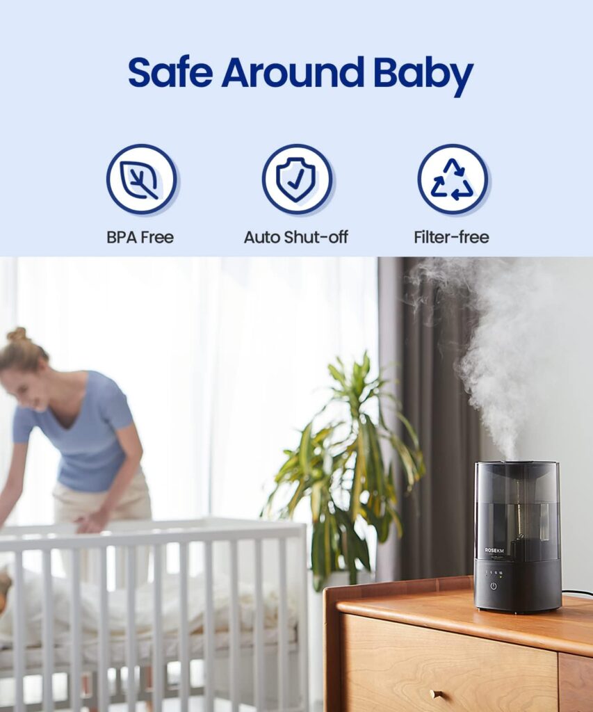 Rosekm® Humidifiers for Bedroom, Cool Mist Humidifier for Home Plant and Baby Nursery, Quiet Ultrasonic Humidifier with 360° Nozzle, Auto Shut-Off, Filterless, Black