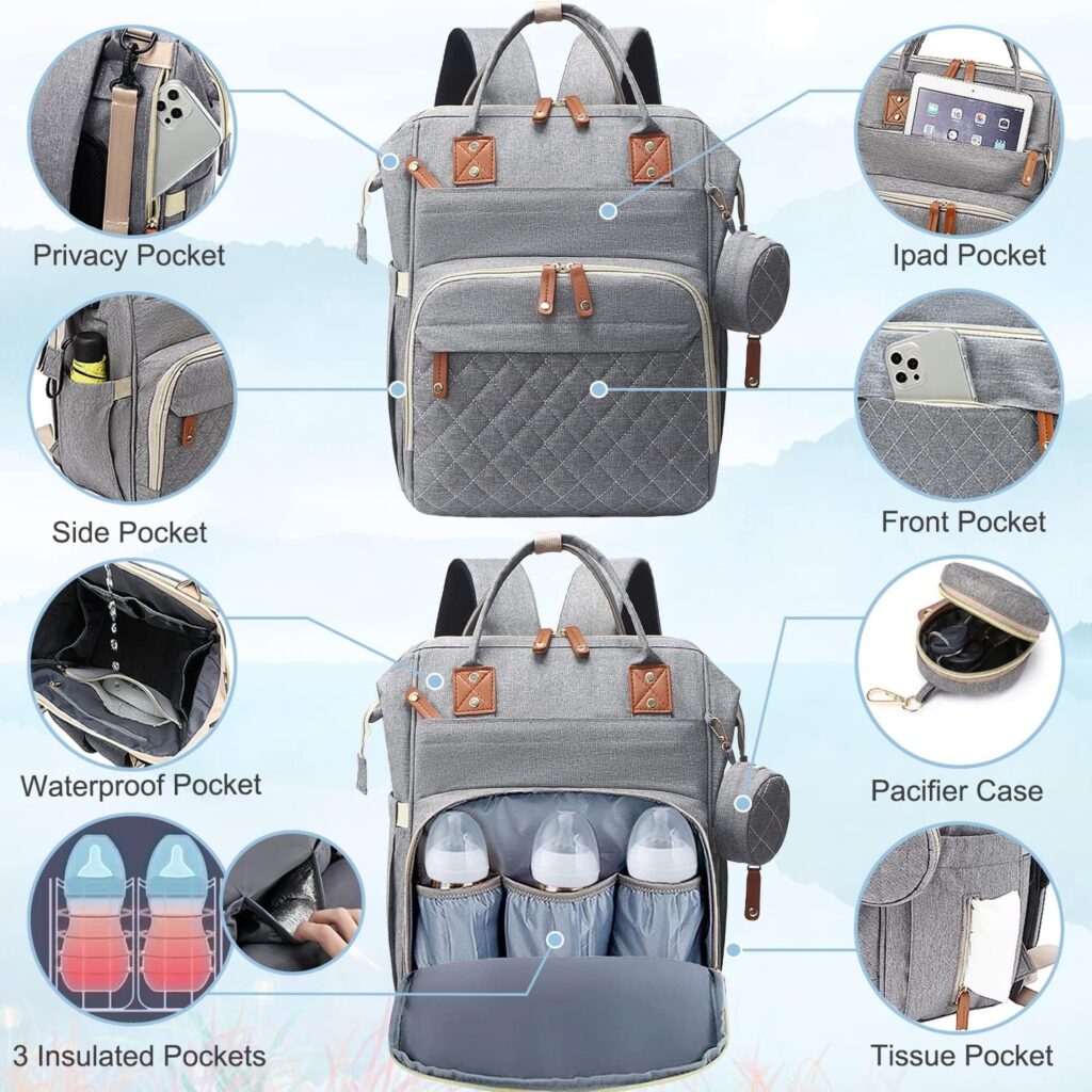 SHITIESHOU Diaper Bag Backpack Baby Bag, Baby Girl Boy Diaper Bag for Dad Mom with Pad, 16 Pockets, Pacifier Case, Large Diaper Bag Unisex for Travel (Grey)