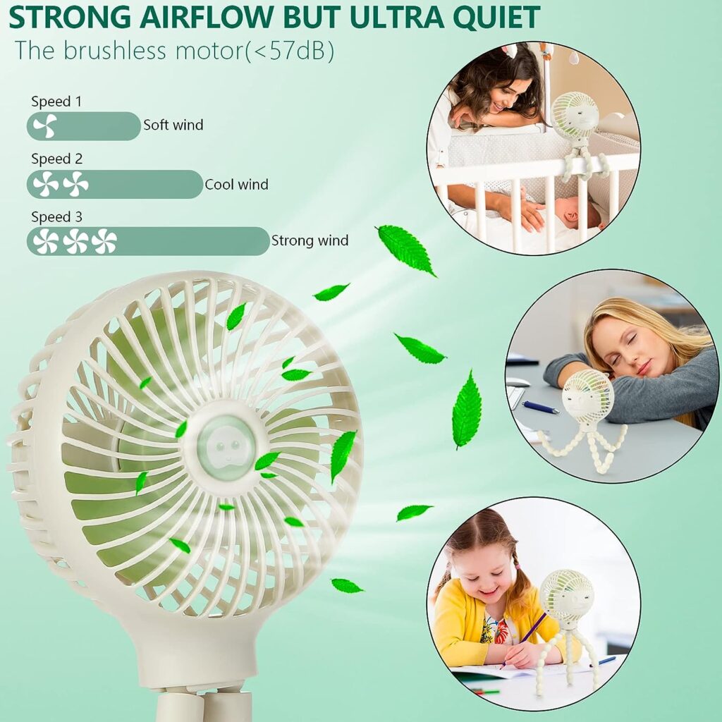 snawowo Mini Handheld Personal Portable Fan, Baby Stroller Fan, Car Seat Fan, USB or Battery Powered, with Flexible Tripod Clip on Student Bed Desk Bike Crib Treadmill Camping Traveling(Beige)
