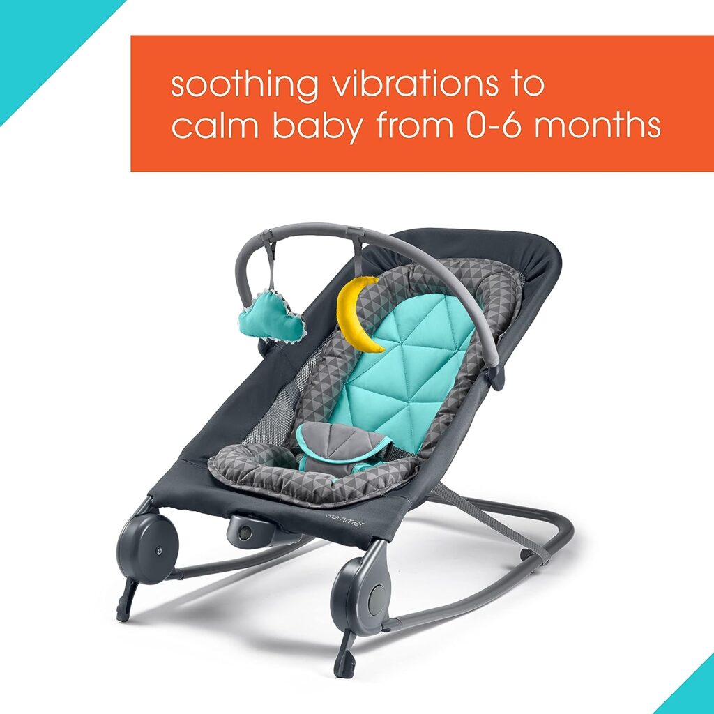 Summer 2-in-1 Bouncer  Rocker Duo (Gray and Teal) Convenient and Portable Rocker and Bouncer for Babies Includes Soft Toys and Soothing Vibrations