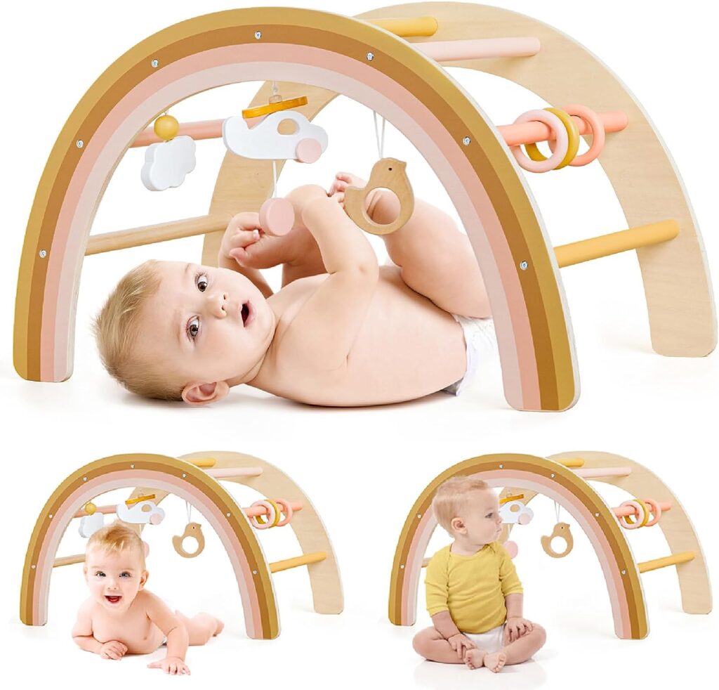 Tiny Land Baby Play Gym, Wooden Play Gym for Baby 0-6 Months, Wooden Baby Play Gym, Wood Play Gym, Wooden Baby Toys 0-9 Months, Neutral Color