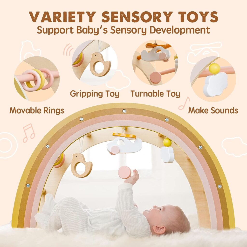 Tiny Land Baby Play Gym, Wooden Play Gym for Baby 0-6 Months, Wooden Baby Play Gym, Wood Play Gym, Wooden Baby Toys 0-9 Months, Neutral Color