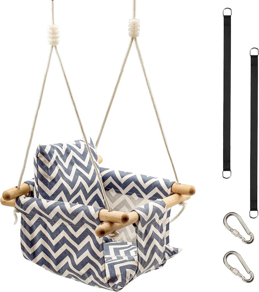 Toddler Baby Hanging Swing Seat Secure Canvas Hammock Chair with Soft Backrest Cushion - Installation Accessories Included