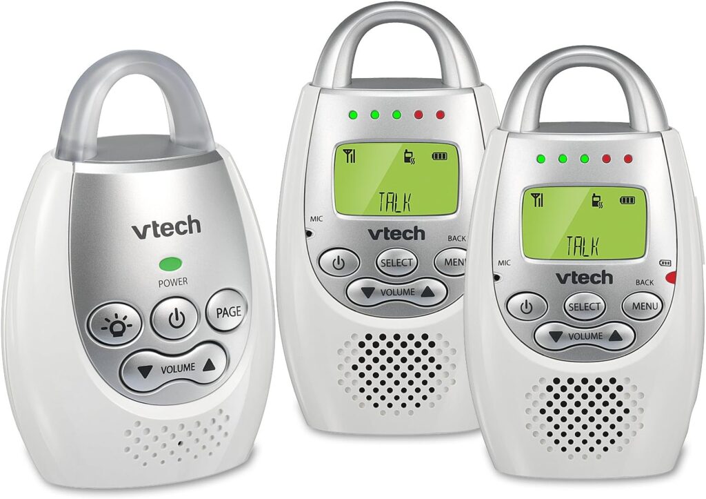VTech DM221-2 Audio Baby Monitor with up to 1,000 ft of Range, Vibrating Sound-Alert, Talk Back Intercom, Night Light Loop  Two Parent Units, White