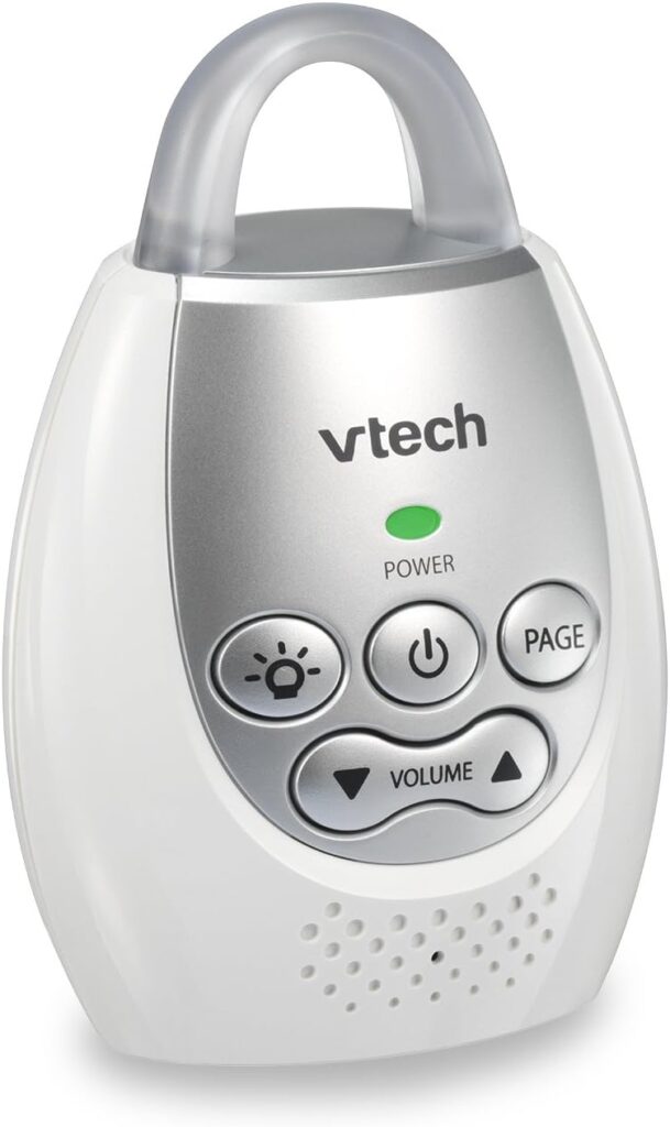 VTech DM221 Audio Baby Monitor with up to 1,000 ft of Range, Vibrating Sound-Alert, Talk Back Intercom  Night Light Loop, White/Silver