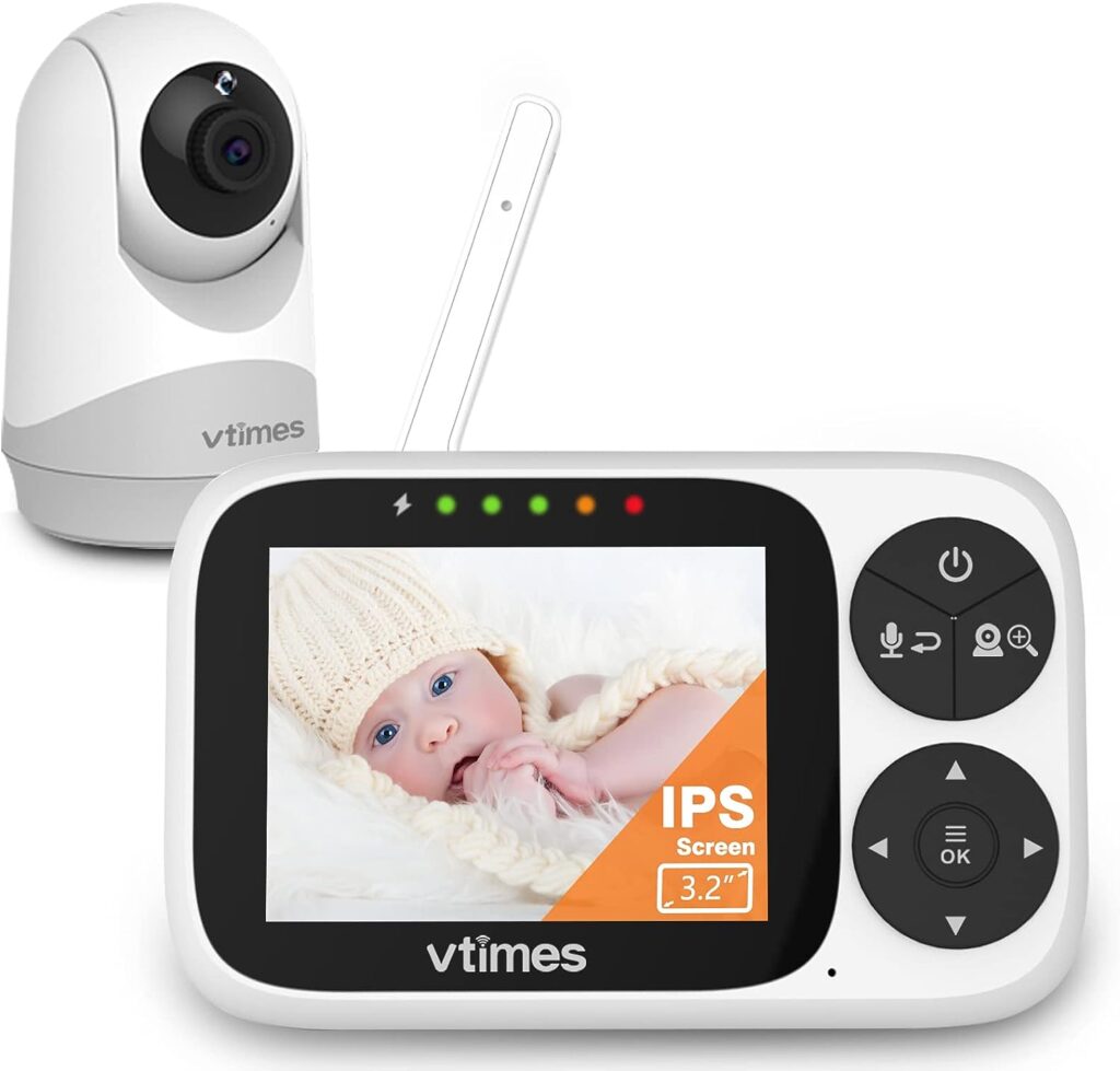 VTimes Video Baby Monitor with Camera and Audio, 3.2 IPS Screen, Baby Monitor Camera No WiFi Night Vision VOX Mode Pan-Tilt-Zoom Temperature Display 2 Way Audio Lullabies and 1000ft Range