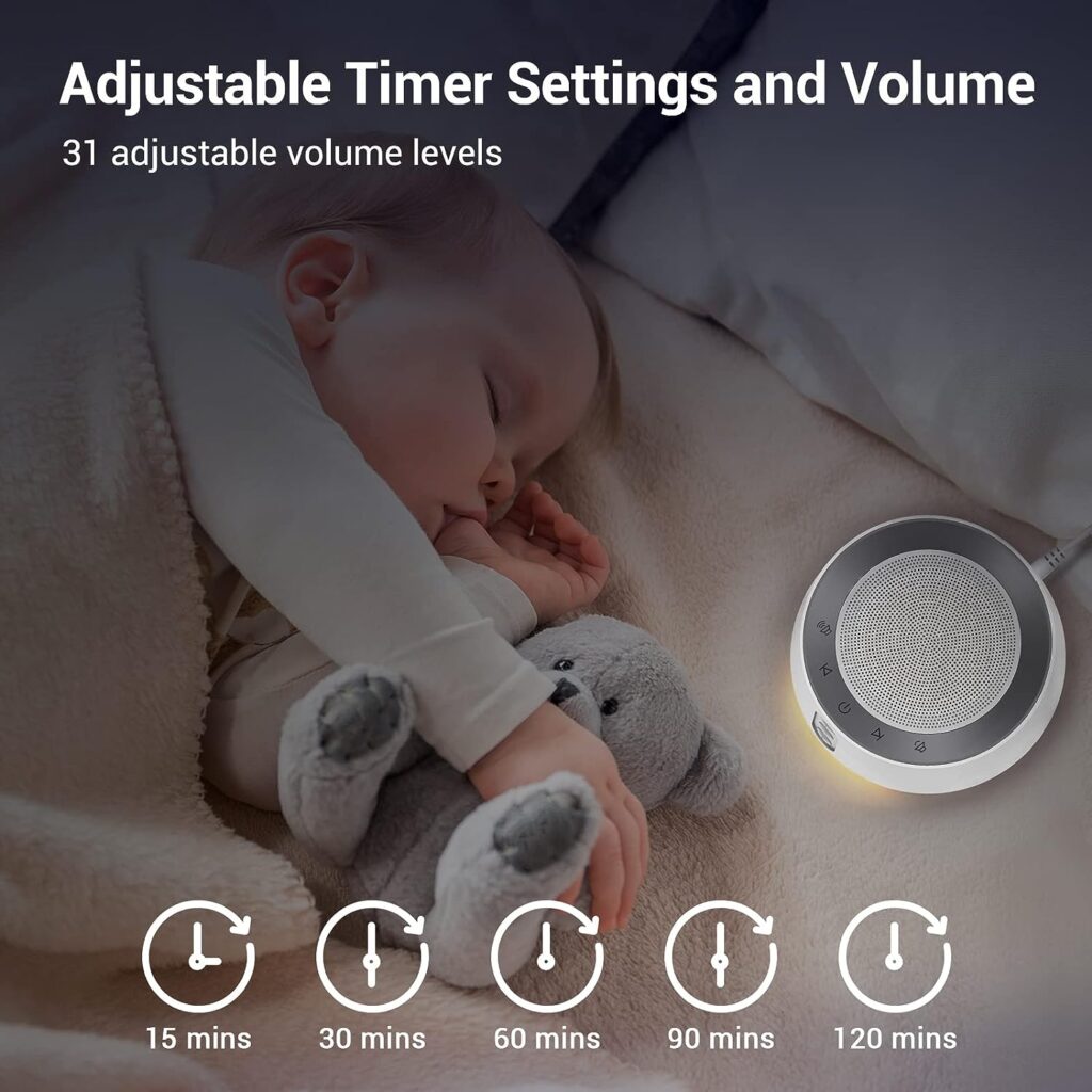 White Noise Machine, 14 Soothing Sounds and Warm Night Light for Sleeping, 5 Timers and Memory Feature Plug in Sound Machine for Baby, Adults,White