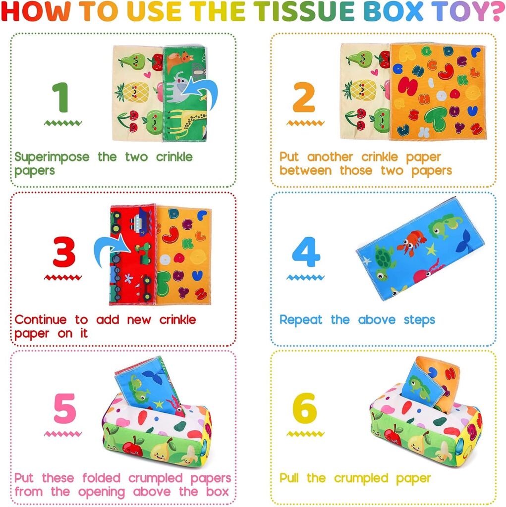 YOGINGO Baby Toys 6 to 12 Months - Tissue Box Toy Montessori for Babies 6-12 Months, Soft Stuffed High Contrast Crinkle Infant Sensory Toys, BoysGirls Kids Early Learning Gifts